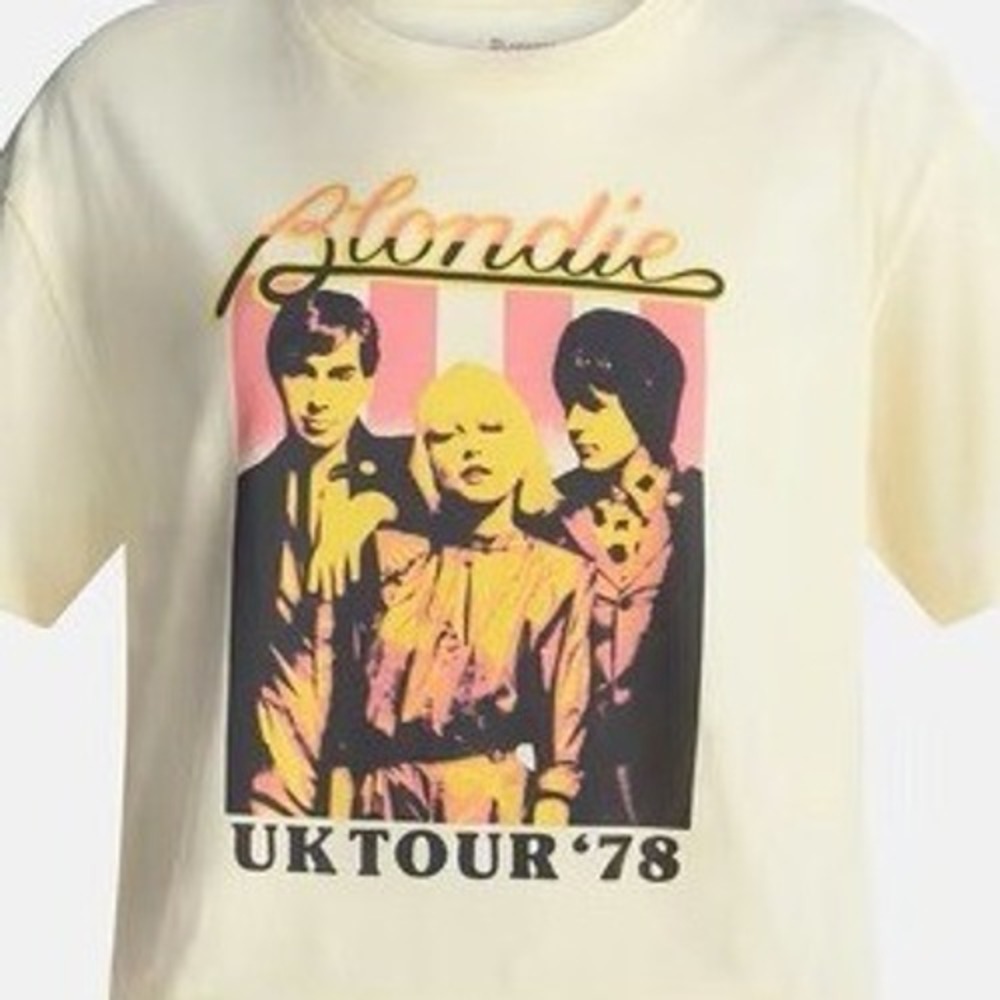 Blondie UK Tour Graphic Boyfriend Tee Shirt Sz Medium Yellow Thin Boxy Top NWT